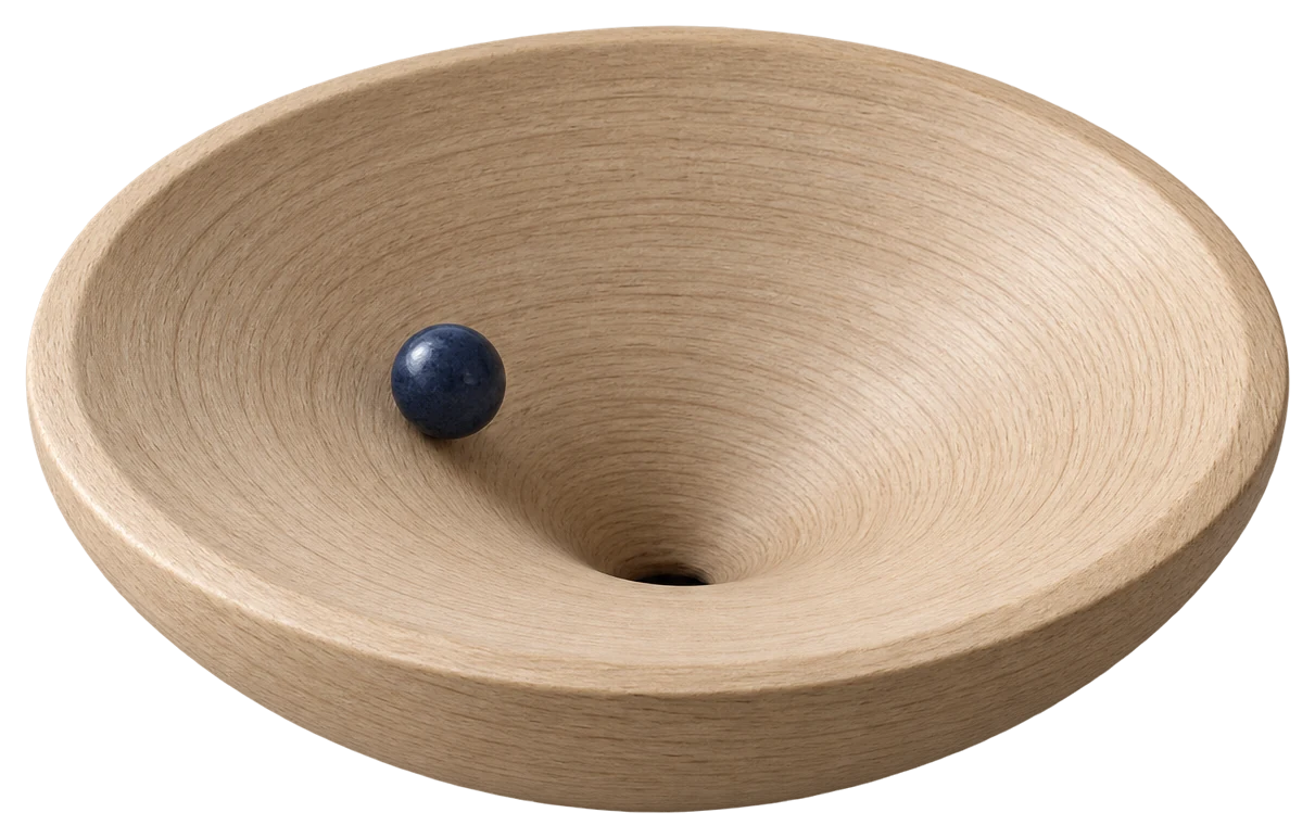 Gravity well turned from oak, with an ink-blue ball on its slope