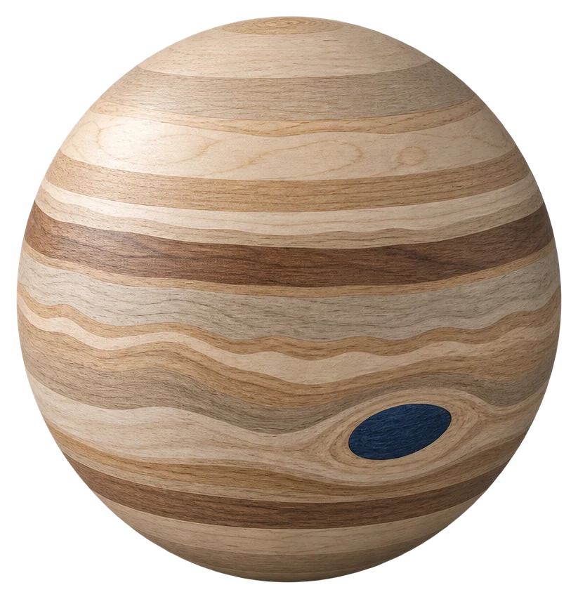 Stilizált Jupiter bolygó, rétegelt fából esztergálva